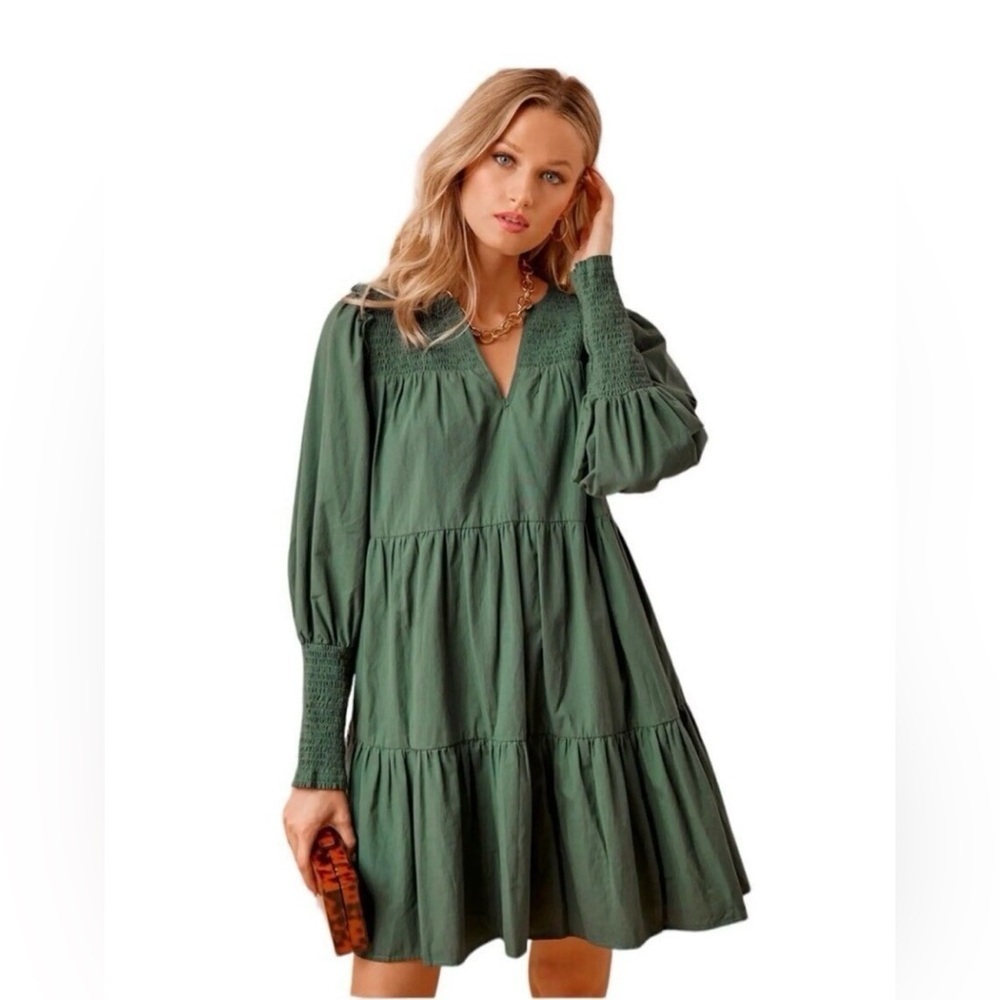 POMANDER PLACE Ceci Smocked Long Sleeve Tiered Mini Dress in Jaguar Green Size M